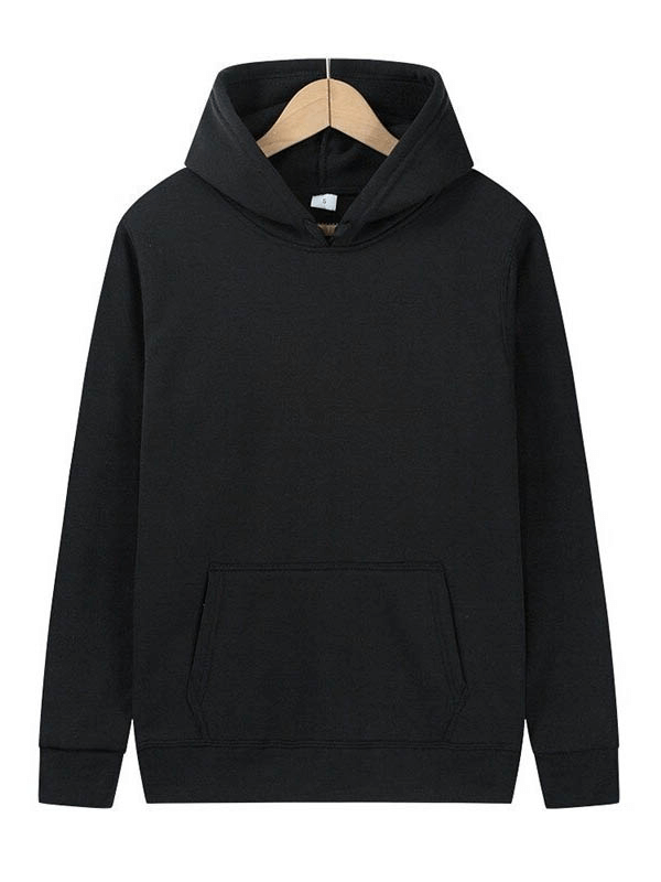 Solid color women's hoodie sweatshirt with pocket, casual style, black, polyester material, full sleeves, perfect for everyday wear.