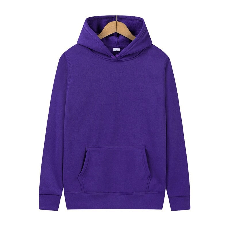 Fashion women's purple hoodie sweatshirt with pocket, casual solid color, full sleeve, hooded collar, polyester material.