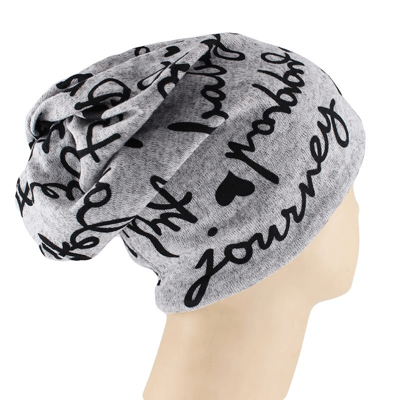 Stylish women's letter print warm hat-scarf in gray with black lettering, perfect for casual wear and keeping cozy in any season.