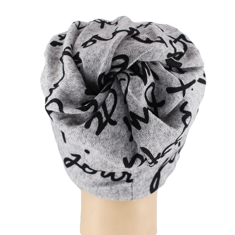 Gray letter print warm hat-scarf for women, made of polyester, showcasing casual style and cozy design. Ideal head accessory for cold weather.