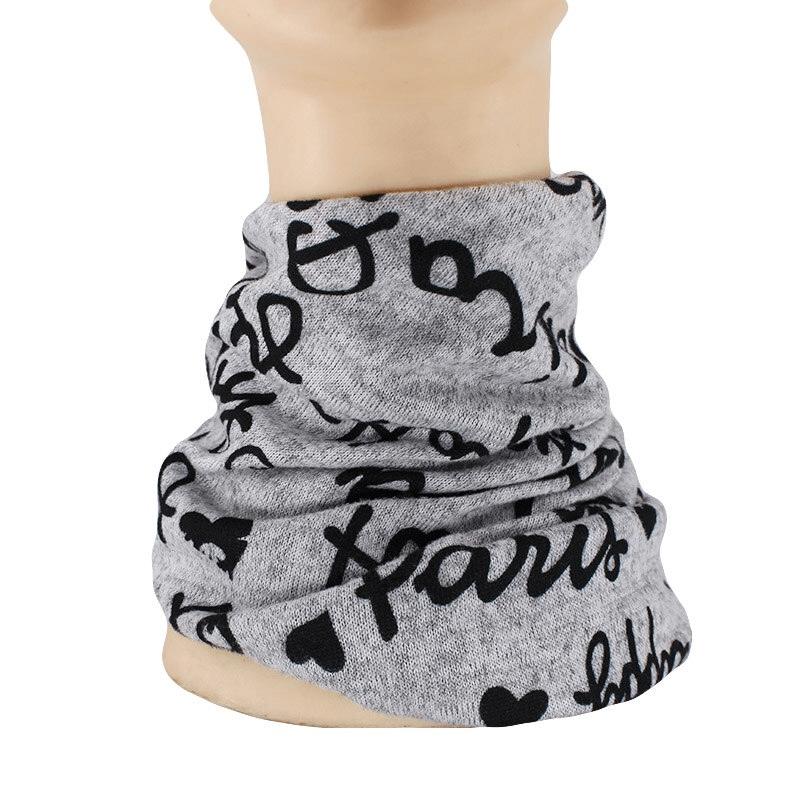 Stylish women's letter print warm hat-scarf in gray with black lettering, perfect for casual winter comfort and fashion.