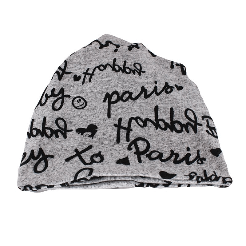 Fashion women's letter print warm hat-scarf, gray with black letters saying 'Paris', casual head accessory for style and warmth.