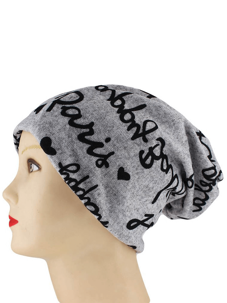 Gray women's letter print hat-scarf combo, cozy polyester, ideal for warmth and style, featuring a classic pattern.