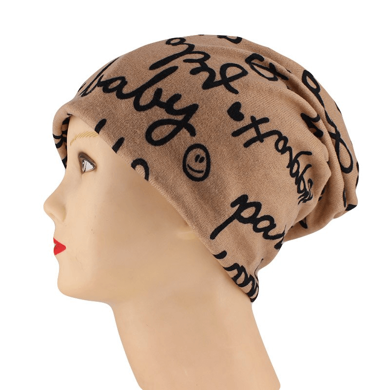 Stylish women's letter print warm hat-scarf in beige with black script. Perfect casual head accessory for warmth and fashion.