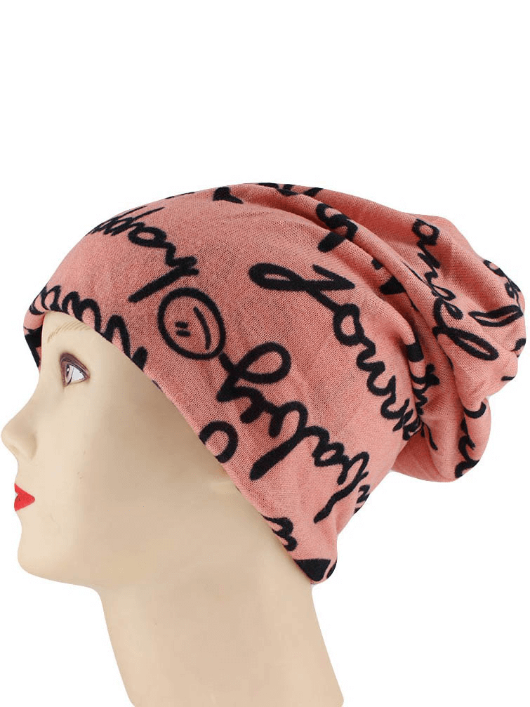 Coral letter print warm hat-scarf on mannequin; cozy women's fashion accessory for all seasons, model SF0761.