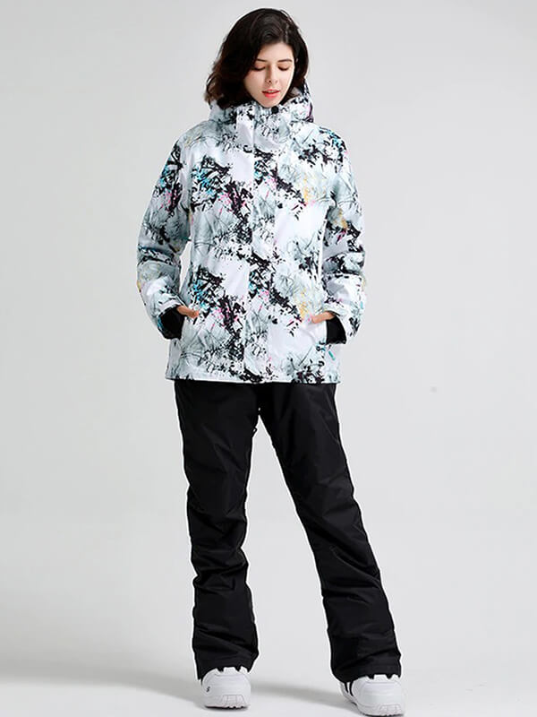 Woman wearing fashionable snowboarding jacket SF0717, showcasing waterproof, windproof design for stylish outdoor adventures.