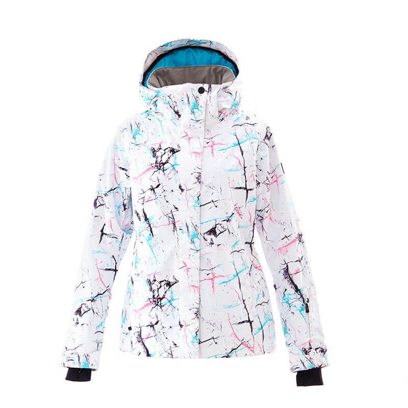Fashion women's snowboarding jacket SF0717, waterproof and windproof with a stylish hooded design for outdoor adventures.