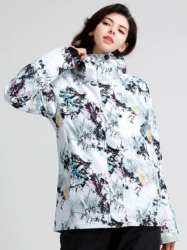 Fashion women's snowboarding jacket worn by model; features stylish design, breathable waterproof fabric, hooded collar ideal for outdoor sports.