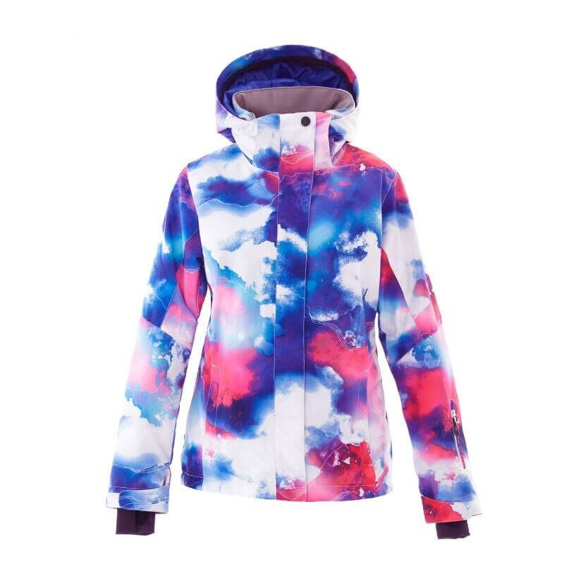 Colorful women's snowboarding jacket with hood, ideal for outdoor adventures in waterproof, windproof fabric.