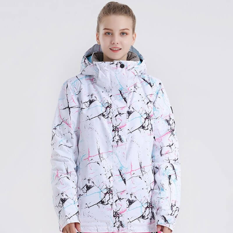 Fashion women's snowboarding jacket with colorful print, hooded collar, perfect for stylish outdoor adventures in winter, product code SF0717.