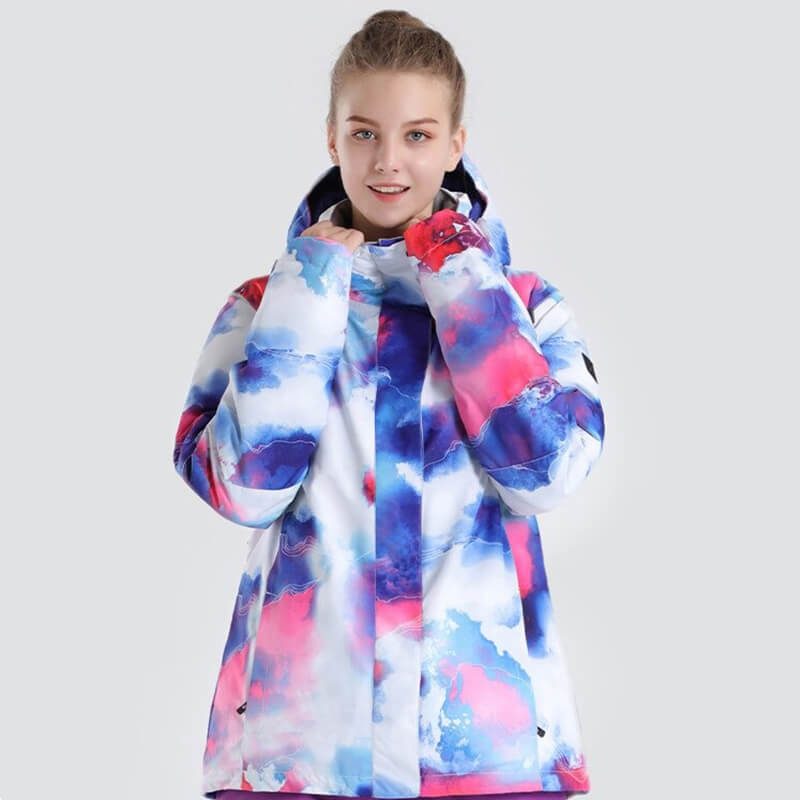 Women's snowboarding jacket with colorful pattern, hooded collar, waterproof and windproof for outdoor adventures.