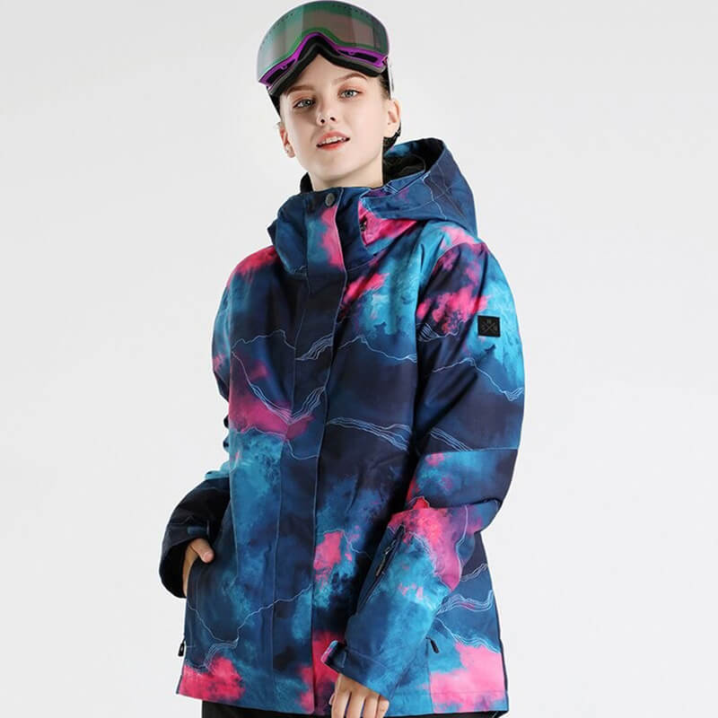 Fashion women's snowboarding jacket in vibrant colors, ideal for skiing, outdoor adventures, waterproof, windproof, with hooded collar.