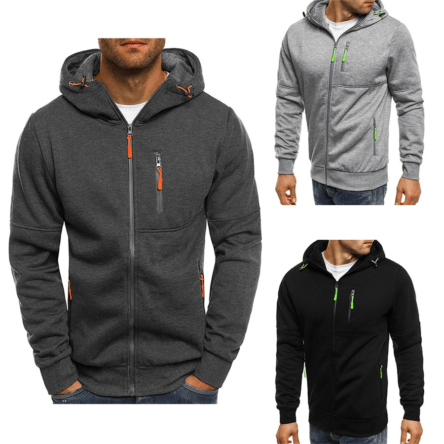 Men's fashion zipper solid color hooded jacket, polyester material in dark gray, light gray, and black. Stylish, versatile, comfortable.