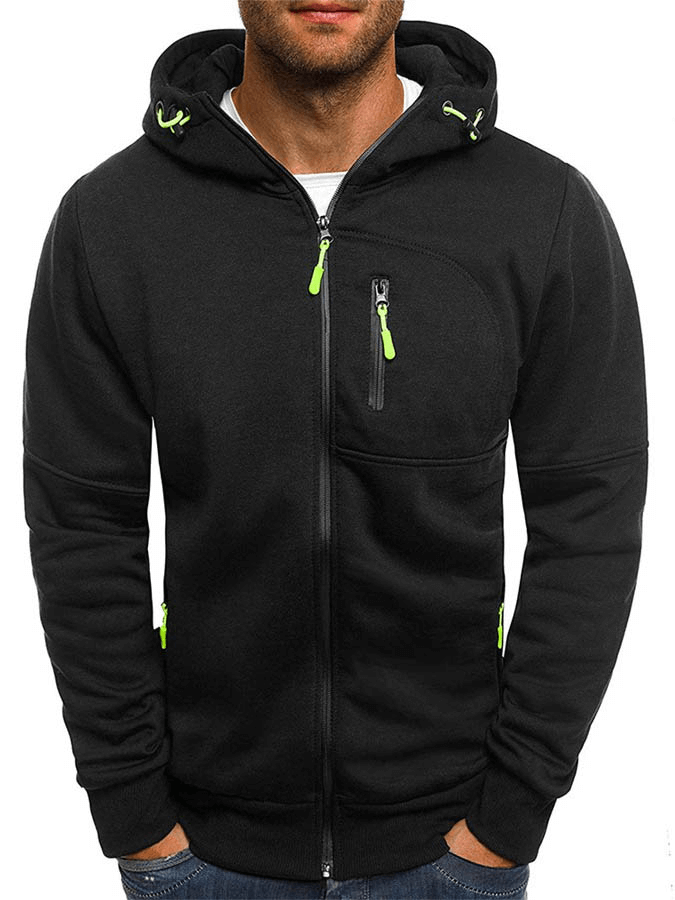 Men's fashion black hooded jacket with zipper and green accents, polyester material, stylish and comfortable for sports and casual wear.