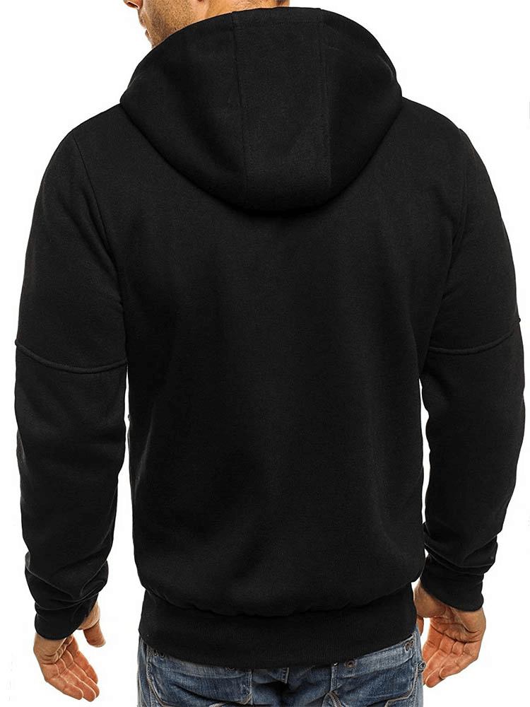 Back view of men's solid color hooded jacket in black, showcasing full-length sleeves and O-neck collar from Sports Clothing SF0498.