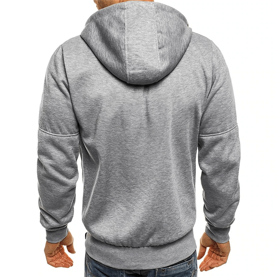 Back view of a men's grey hooded jacket, solid color, featuring a comfortable fit, ideal for sports or casual wear, made of polyester.