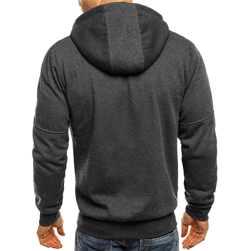 Back view of men's solid color hooded jacket from Fashion Zipper, featuring a sleek design in breathable polyester. Perfect for sports.