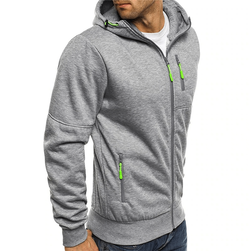 Men's grey hooded jacket with zipper, stylish solid color sportswear - SF0498