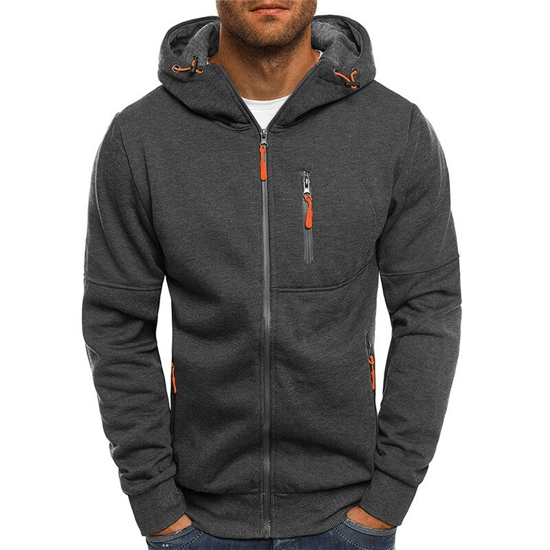 Fashion zipper solid color hooded jacket for men, sporty design, durable polyester, O-neck collar, full-length sleeves, SF0498