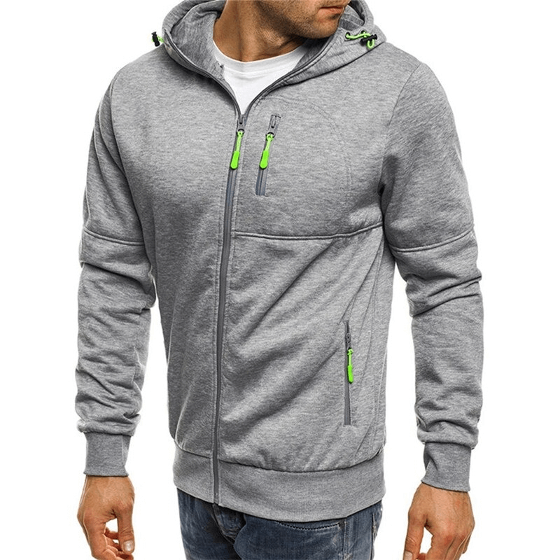 Men's solid color hooded jacket with zipper, featuring a stylish design with green accents, perfect for sports and casual wear.