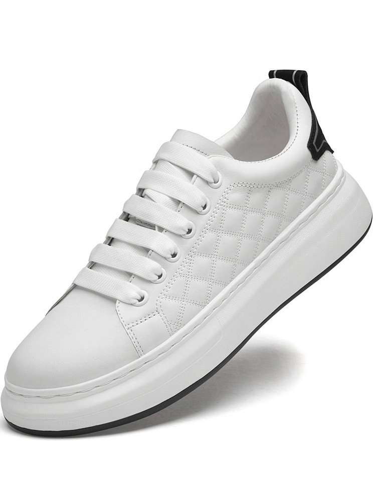 Fashionable breathable casual men's sneakers, SF1171 in white, feature genuine leather uppers, quilted design, and secure grip rubber outsole.