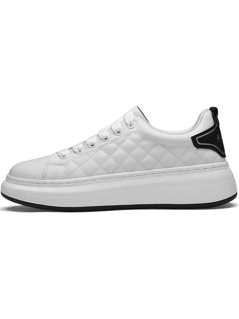 White men's sneaker with quilted texture, black heel accent, and rubber sole, perfect for casual style and comfort.