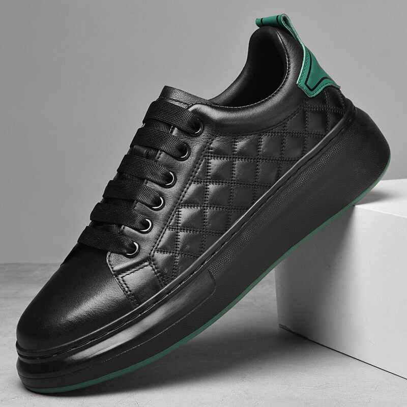 Fashionable breathable men's sneakers, SF1171, black leather, quilted design, green accents, casual and stylish footwear.