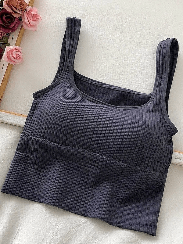 Dark gray fashionable cropped sports women's top with straps for yoga and fitness, featuring breathable cotton and seamless design.