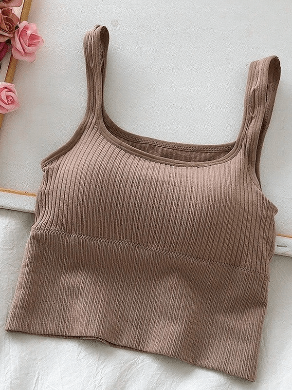 Fashionable brown cropped sports women's top with straps, perfect for yoga and fitness. Comfortable, wire-free, and seamless with quick-dry fabric.