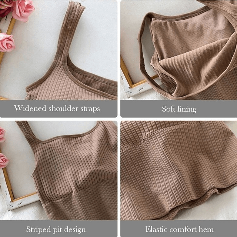Close-up of a brown cropped sports top with widened shoulder straps, soft lining, striped rib design, and elastic comfort hem.