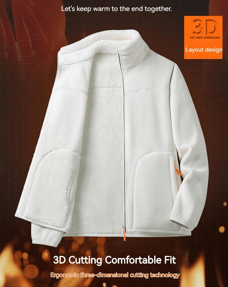 Women's white double-sided fleece jacket with zipper and pockets, featuring 3D cutting for a comfortable fit.