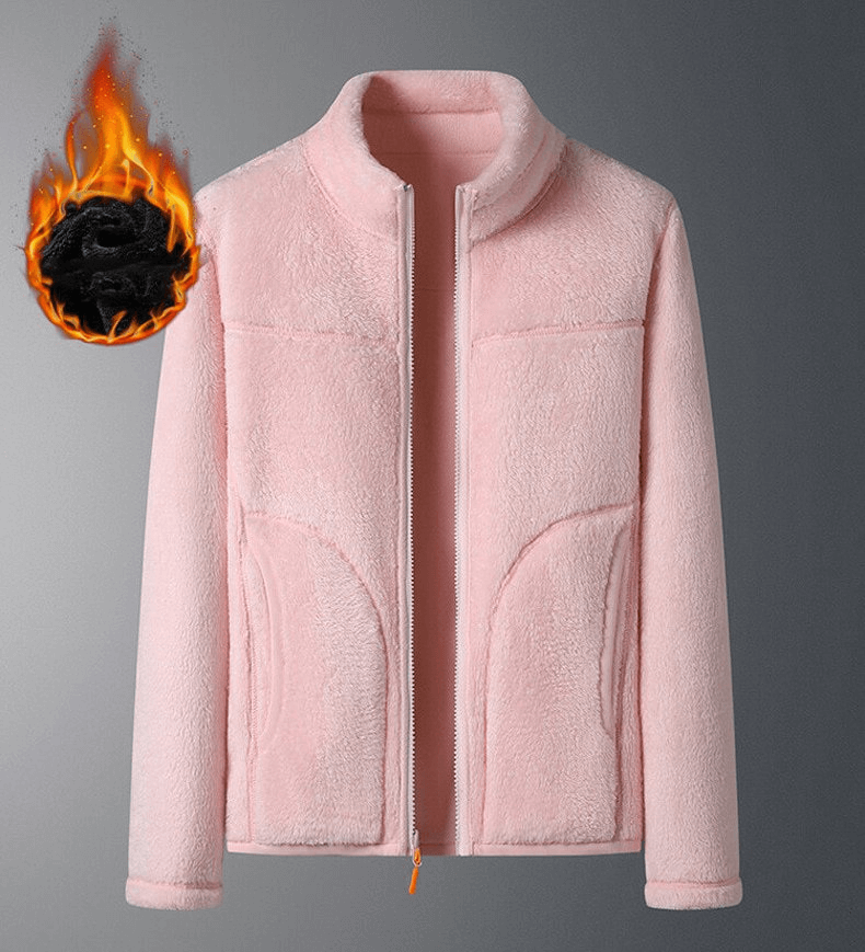 Stylish pink double-sided fleece jacket for women with zipper and pockets - windproof and thermal design, perfect for outdoor comfort.