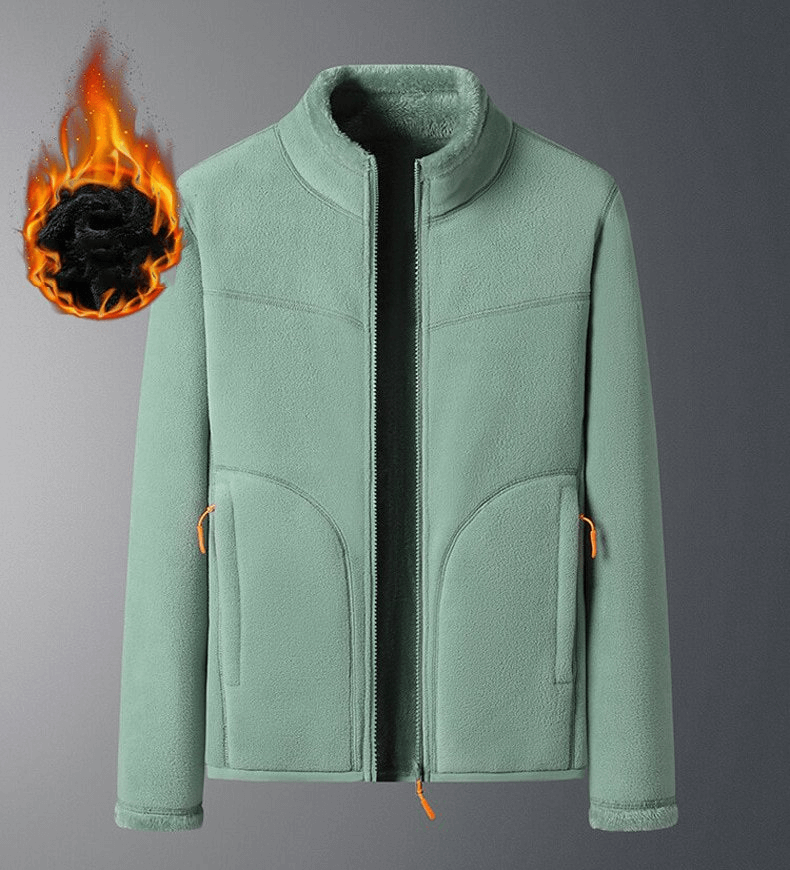 Stylish double-sided fleece jacket for women with zipper and pockets, featuring windproof and thermal insulation for outdoor warmth.