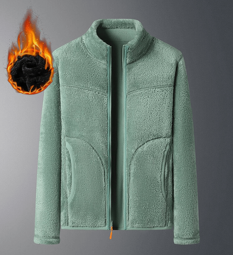 Fashionable double-sided fleece jacket for women with zipper and pockets, showcasing windproof and thermal features.