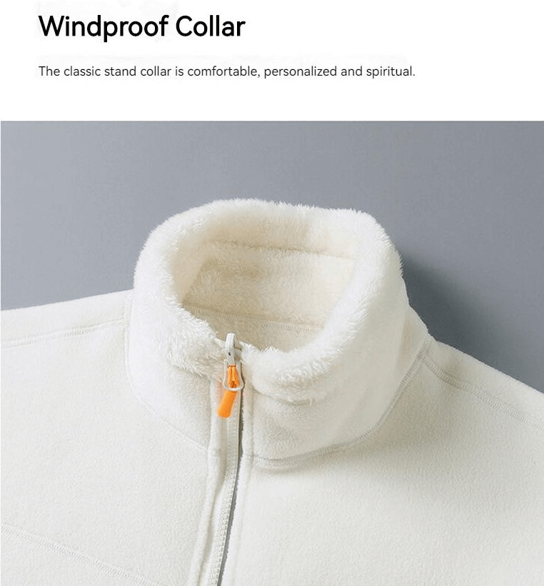 Close-up of a fashionable double-sided fleece jacket for women with a windproof collar and zipper, showcasing soft fleece texture.