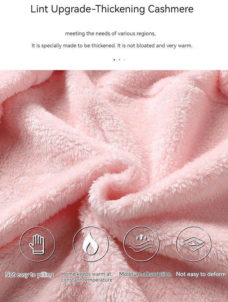 Close-up of soft pink fleece fabric with anti-pilling, warmth retention, moisture absorption, and durability icons.
