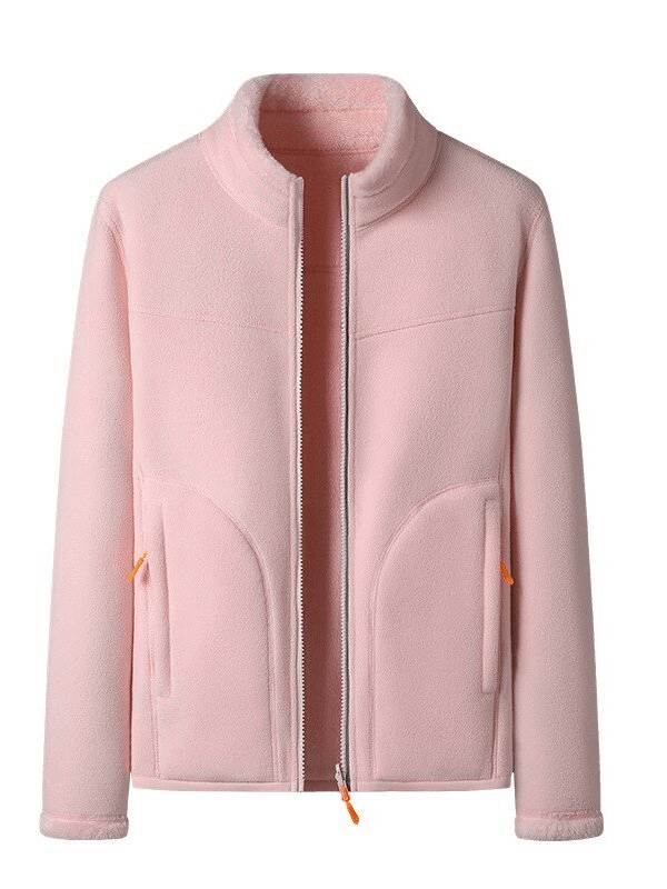 Fashionable pink double-sided fleece jacket for women with zipper and pockets, perfect for warmth and style, SF0907.