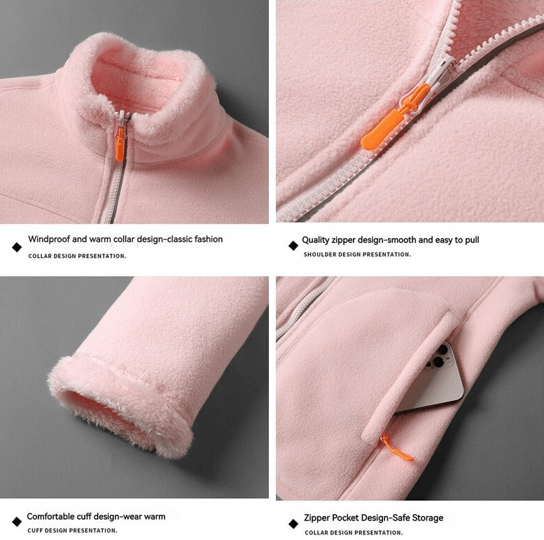 Close-up of pink double-sided fleece jacket for women showcasing windproof collar, smooth zipper, warm cuffs, and pocket with secure zipper.