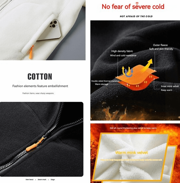 Double-sided fleece jacket for women, featuring windproof design, zipper, pockets, and warm insulation, showcasing fabric and technology details.