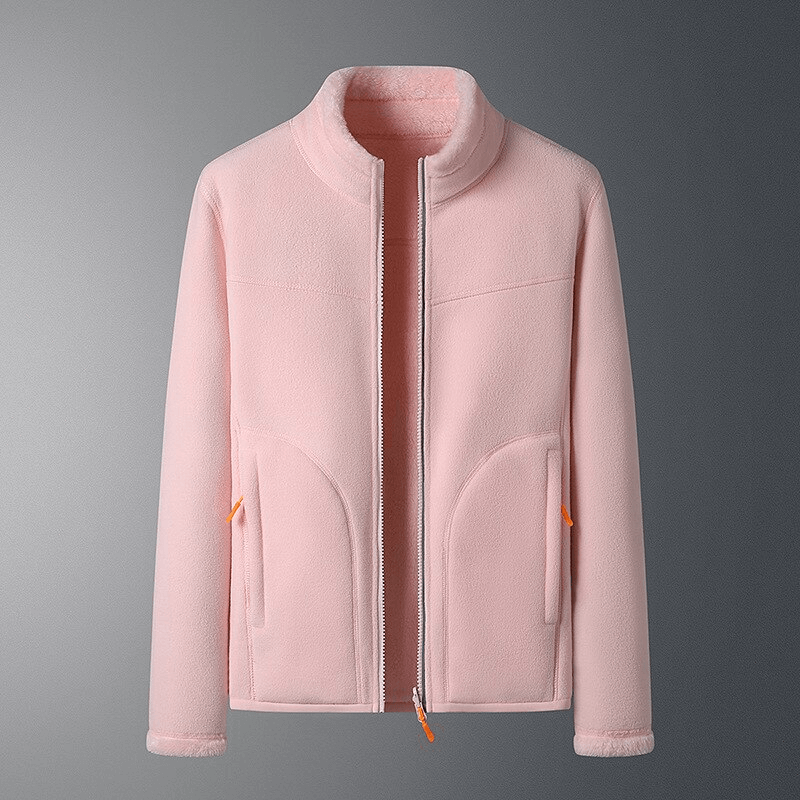 Fashionable double sided fleece jacket for women, pink, with zipper and pockets, designed for warmth and style, product code SF0907.