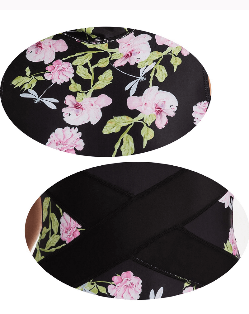 Close-up of floral print details on fashionable elastic one-piece swimsuit SF1258 with cotton and spandex for comfort and style.