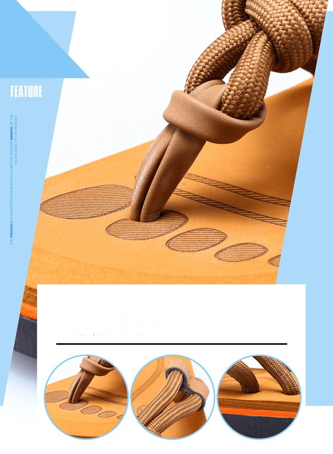 Close-up of orange and brown men's flip flops with EVA upper, featuring solid pattern and durable rubber outsole suitable for beach days.