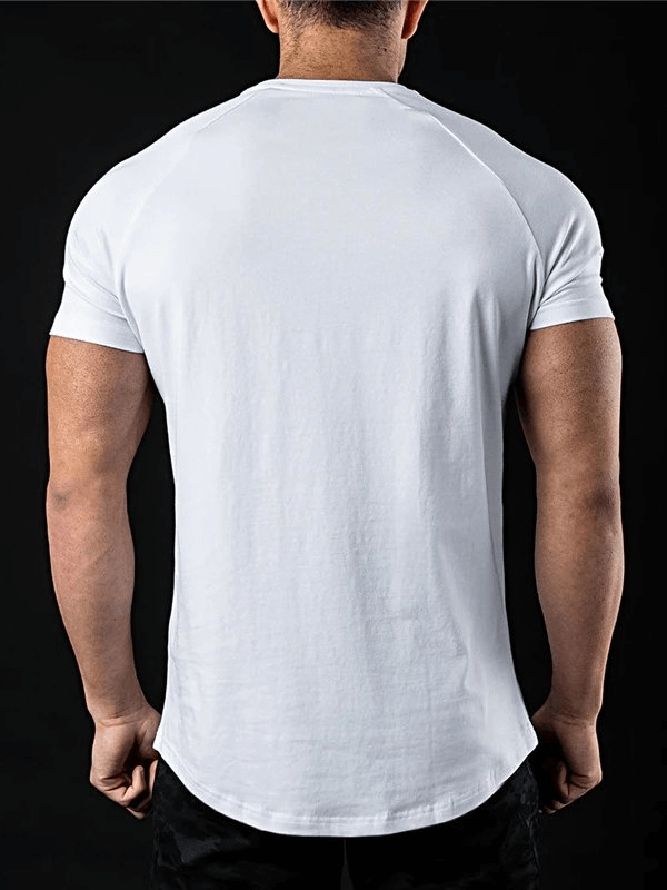 Back view of a fashionable lightweight sporty men's T-shirt for training, featuring an O-neck, solid-color design, and short sleeves.