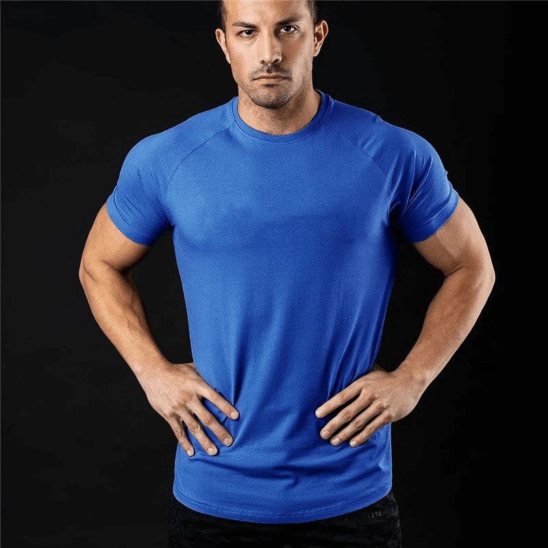 Fashionable lightweight sporty men's t-shirt in blue, with short sleeves and O-neck, perfect for training and workouts.