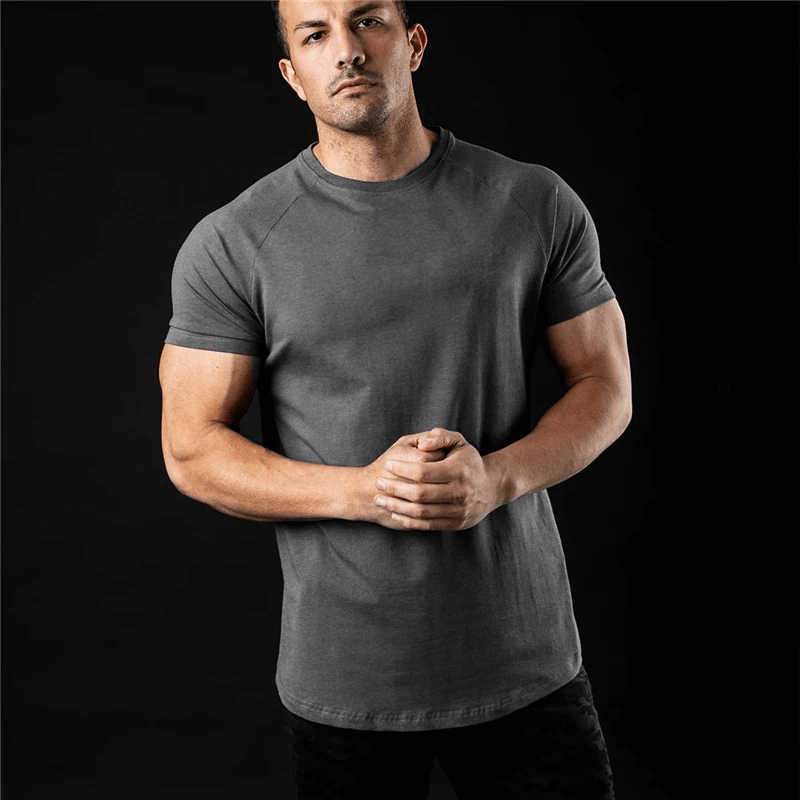 Fashionable lightweight grey sporty men's T-shirt for training, featuring an O-neck collar, solid color, and short sleeves
