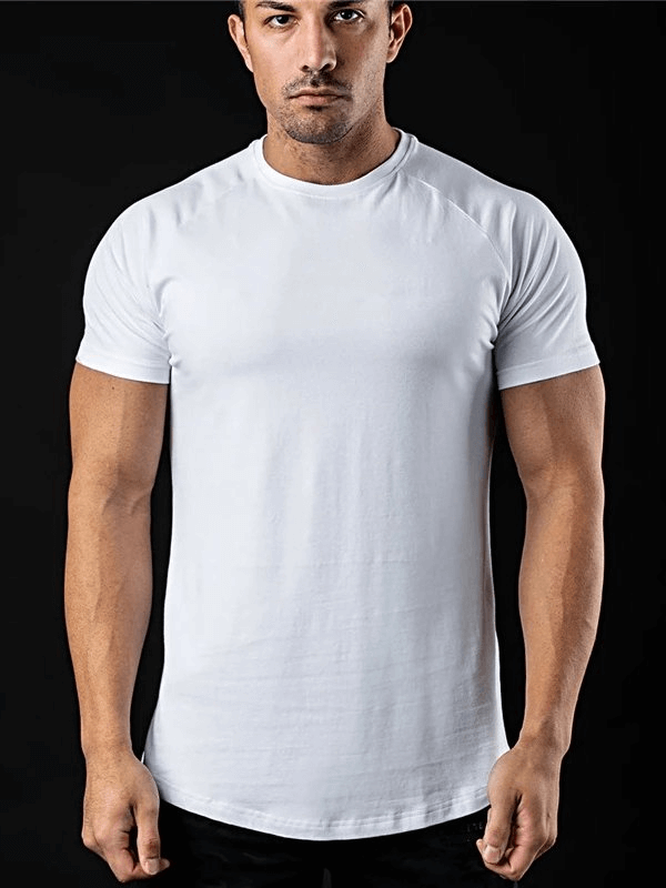Fashionable lightweight sporty men's T-shirt in white, O-neck collar, short sleeves, perfect for training and workouts.