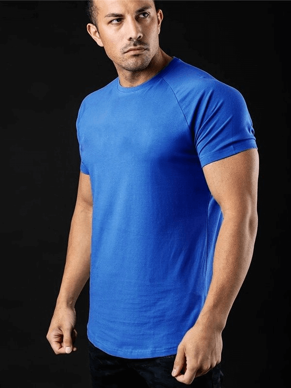 Alt Tag: Fashionable lightweight sporty men's T-shirt in blue for training, featuring O-neck and short sleeves for comfort and flexibility.