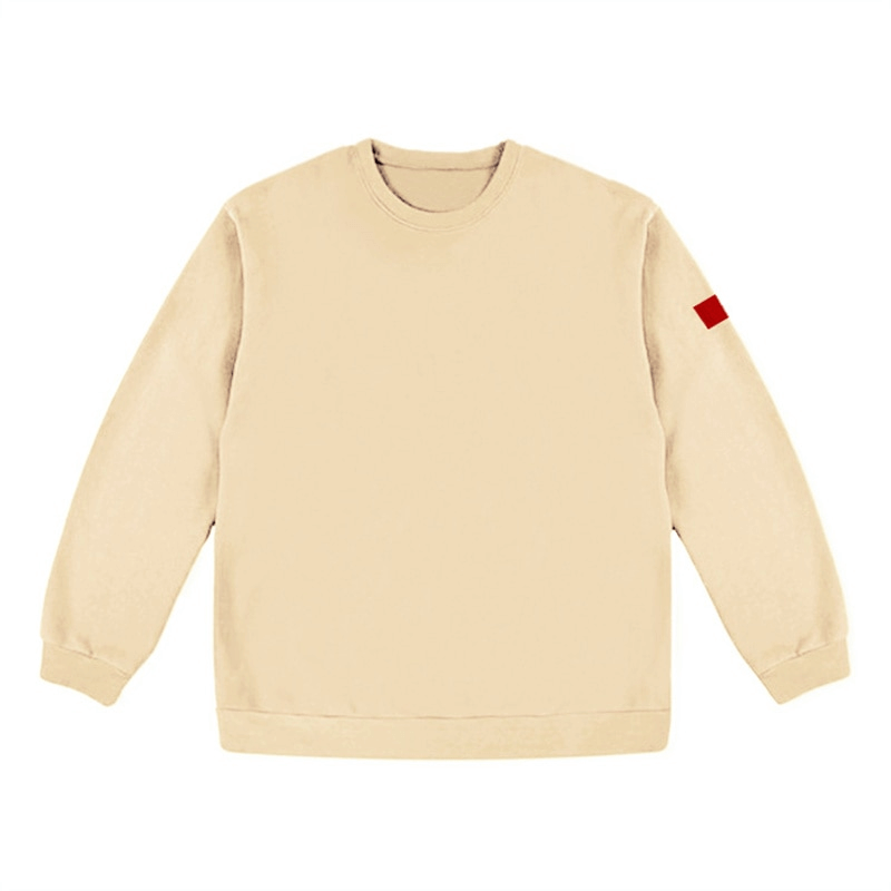 Cream-colored loose men's sweatshirt with O-neck and red accent on sleeve, ideal for comfortable stylish activewear.