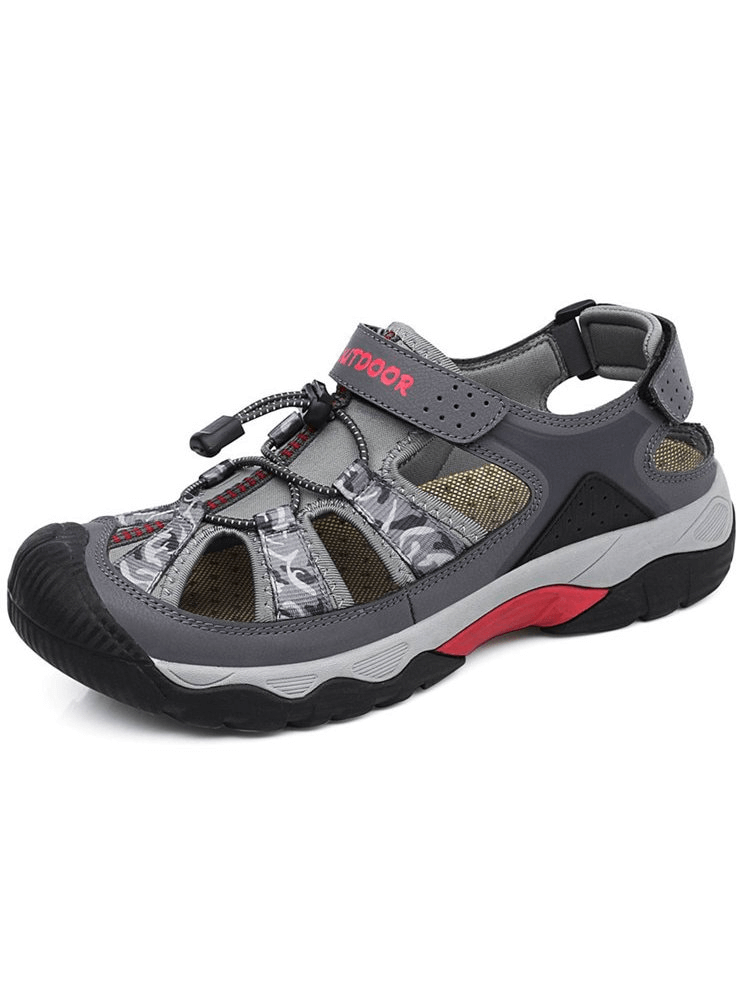 Alt Tag: Fashionable non-slip men's open heel sandals with PU upper, EVA insole, and camouflage pattern.