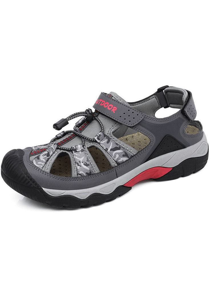 Fashionable non-slip men's open heel sandal with camouflage pattern, breathable PU upper, flat EVA insole, and hook loop closure.